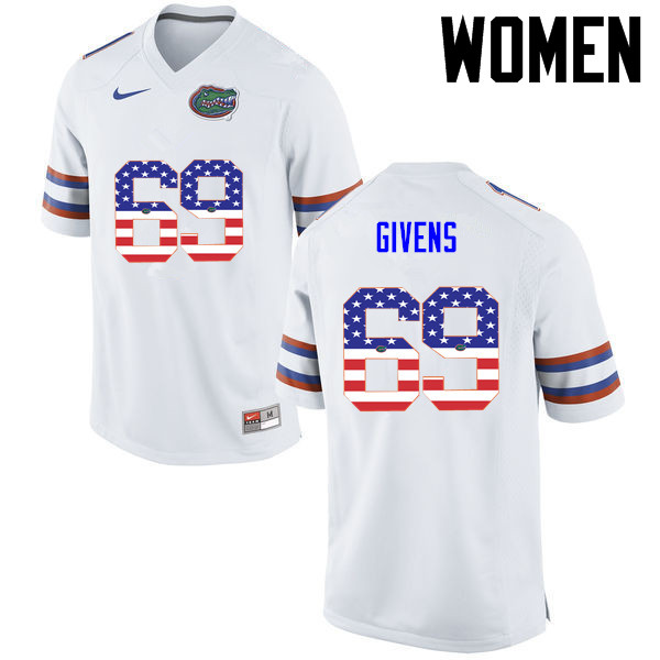 Women Florida Gators #69 Marcus Givens College Football USA Flag Fashion Jerseys-White - Click Image to Close